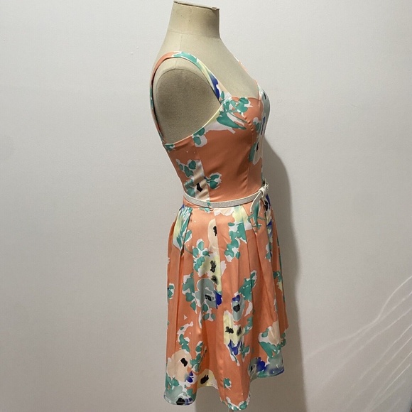 Review 8 Dress Peach Fit and Flare Floral Belt Above Knee Wedding Cocktail Party - Picture 5 of 8